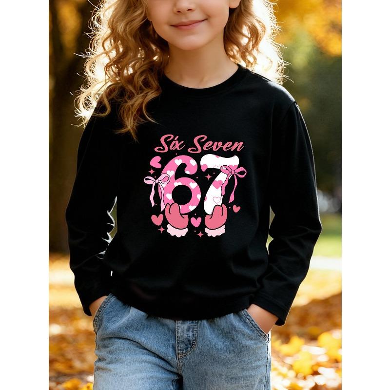 Unisex Kids Pink Crewneck Sweatshirt For 4-12 Girls Cute Heart Fill Number 67 With Pink Bow Cartoon Hands Star Heart Decor Cursive Six Seven Print