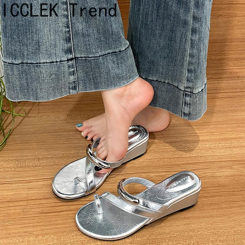 Summer Clip Toe Wedges Heel Women Slippers Fashion  Metal Buckle Female Outdoor Party Dress Slides Shoes