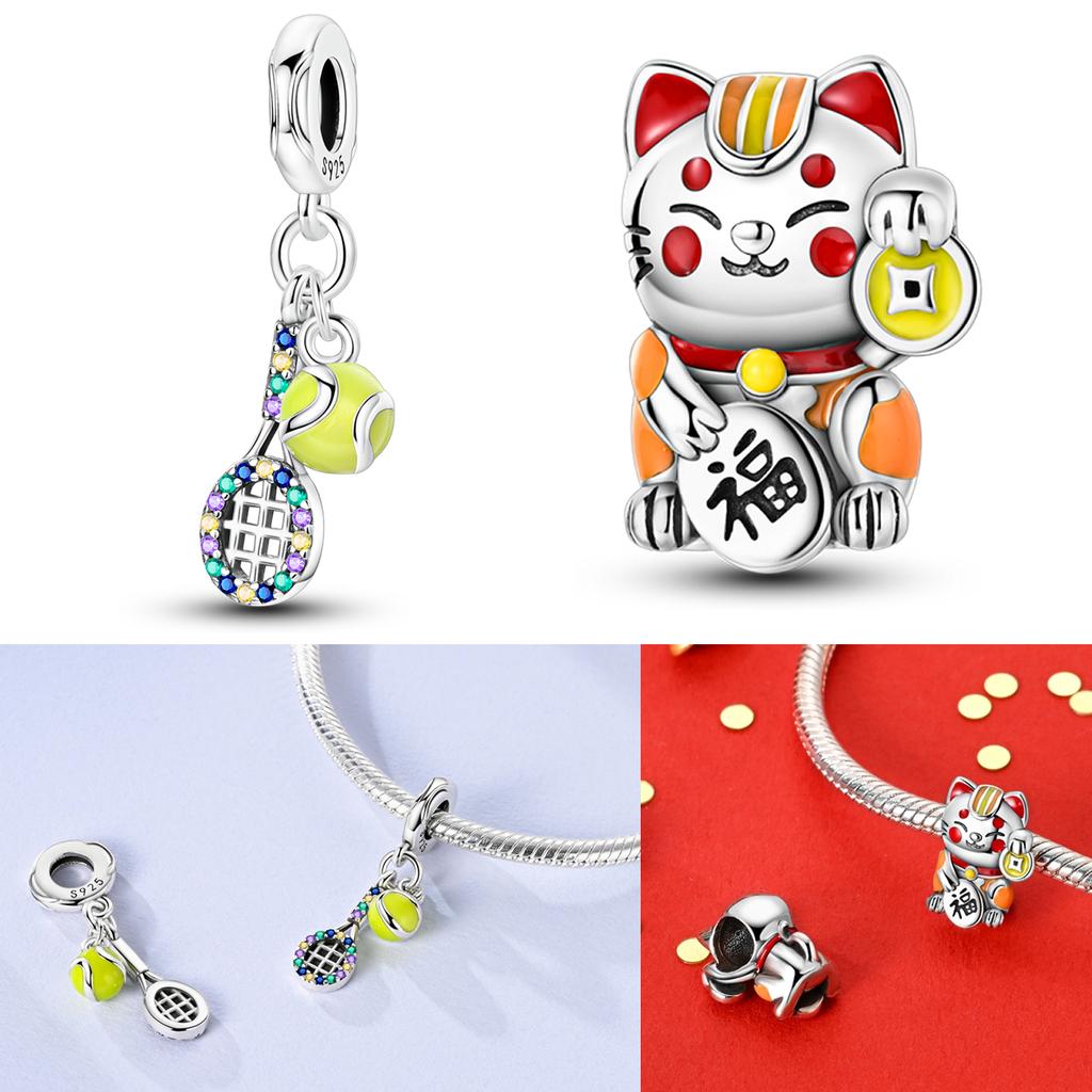 925 Sterling Silver Cute Money Catching Cat Charms Bead Tennis Racket and Ball Pendants Fit Original Bracelet DIY Jewelry GiftGood product