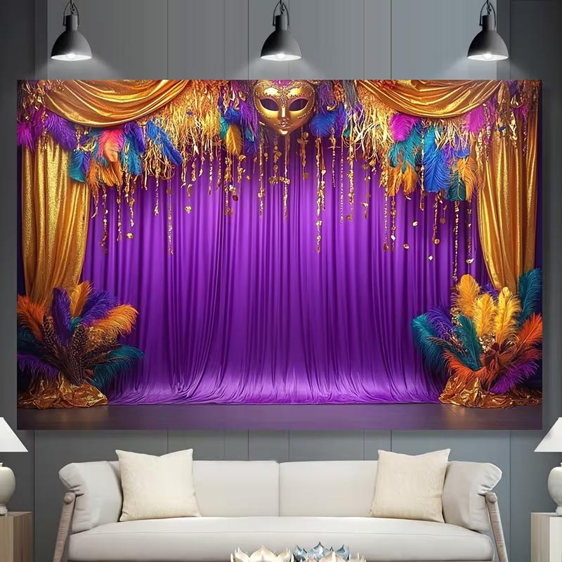 2D Festive Mardi Gras Curtain Backdrop Banner with Golden Mask