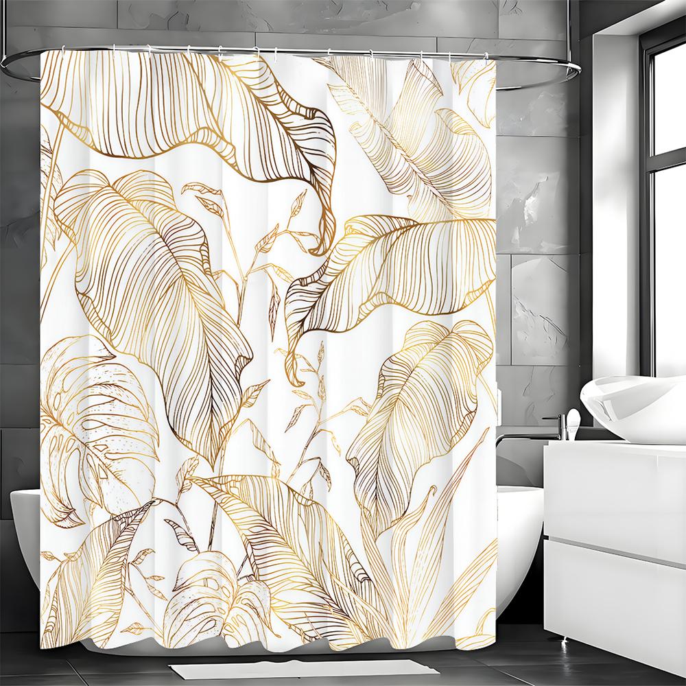 Dusjforheng med gyldent blad, Dekorativt dusjforheng til badet, Vanntett dusjforheng med kroker