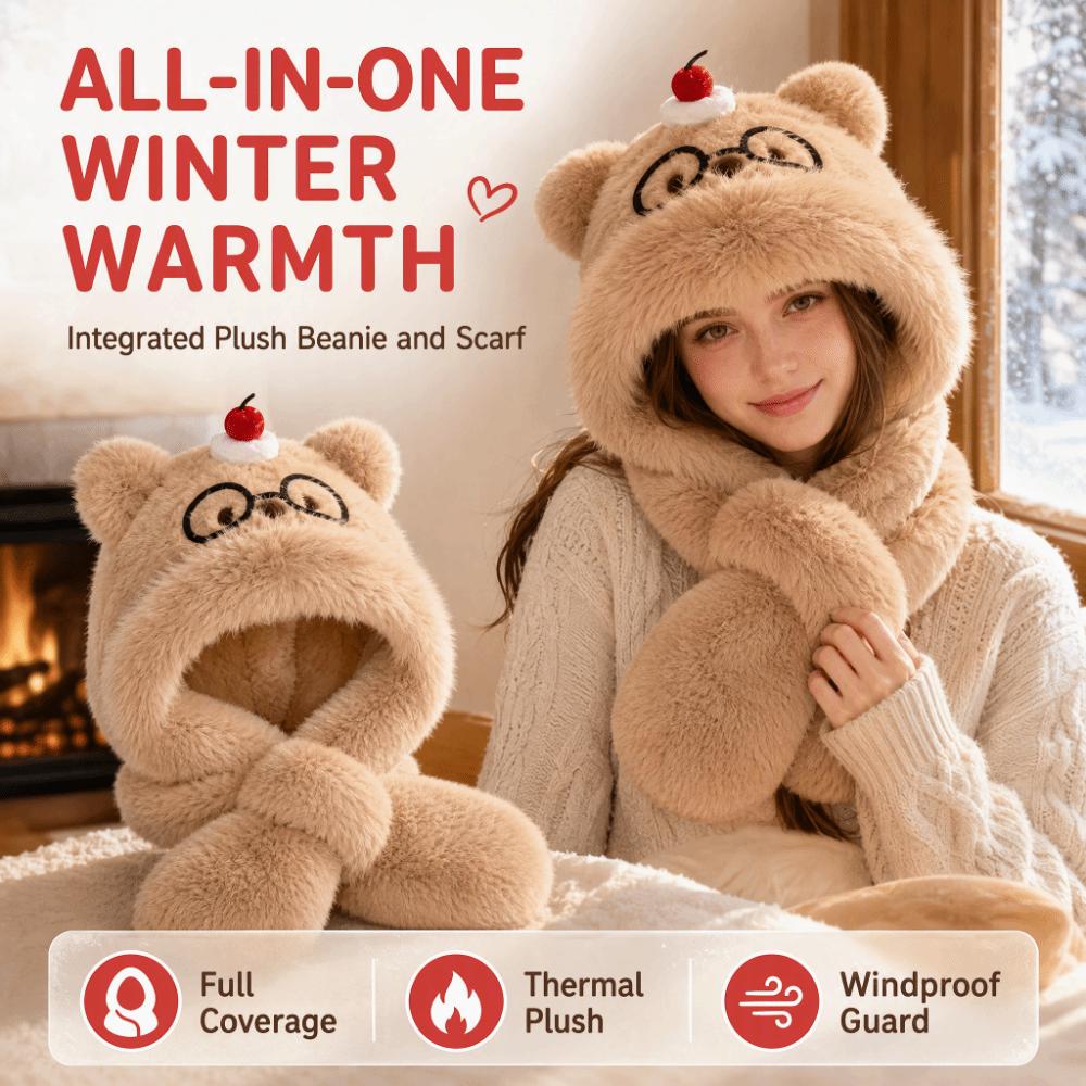 Soft Plush Beanie Hat Scarf Windproof Ear Protection Cap Cute Bear Neck Warmer Hat  Women