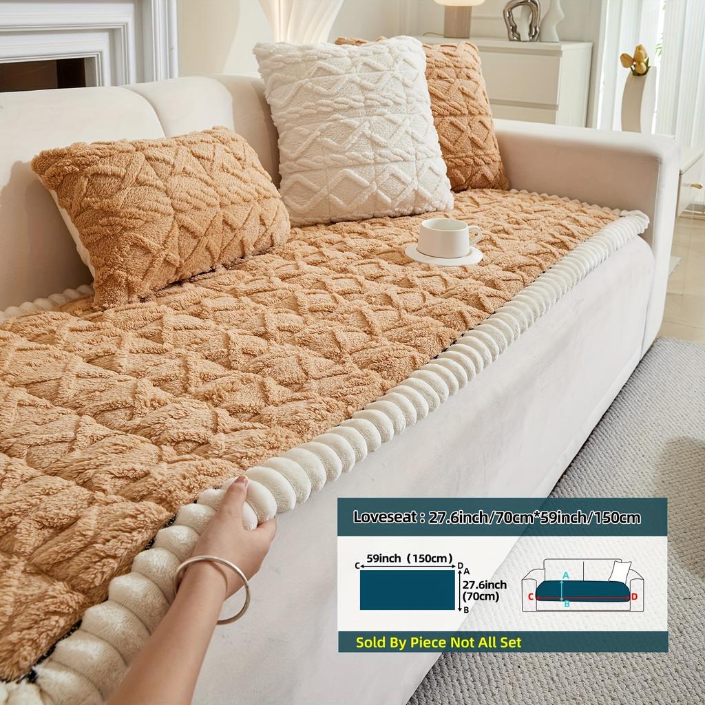 No Pillow 1pc Autumn and Winter Thickened Bohemian Style Quilted Sofa Cover with Pleats, Integrated Plush Fabric, Non-slip Protective Cover for Pets