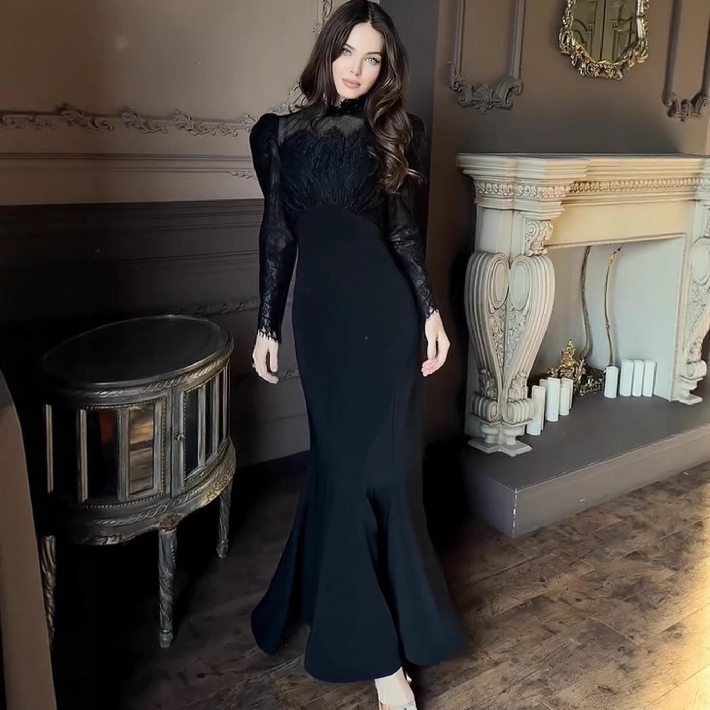 2026 Новый год Европейское и Американское Осеннее Стройнящее Французское Платье Длинное с Поясом L чёрный