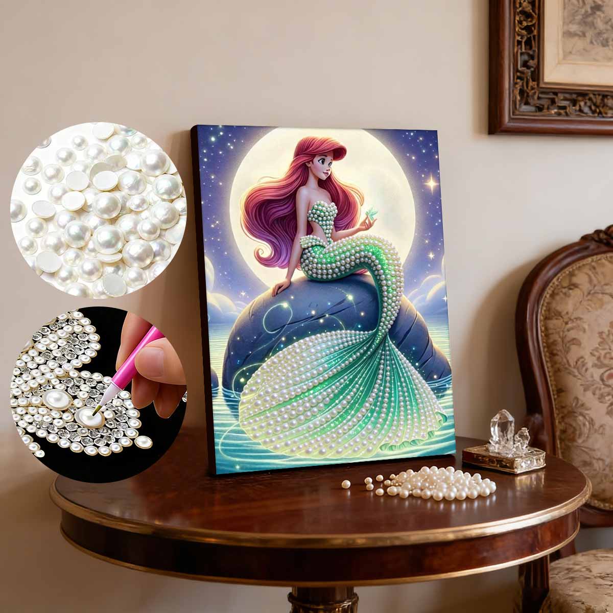 

Dreamy Pearl-Inlaid Little Mermaid Frameless Art | Moonlit Starry Bg, Handmade Pearl & Diamond Craft, Ideal for Retro, Fairy, Luxury Home Decor 35x45cm