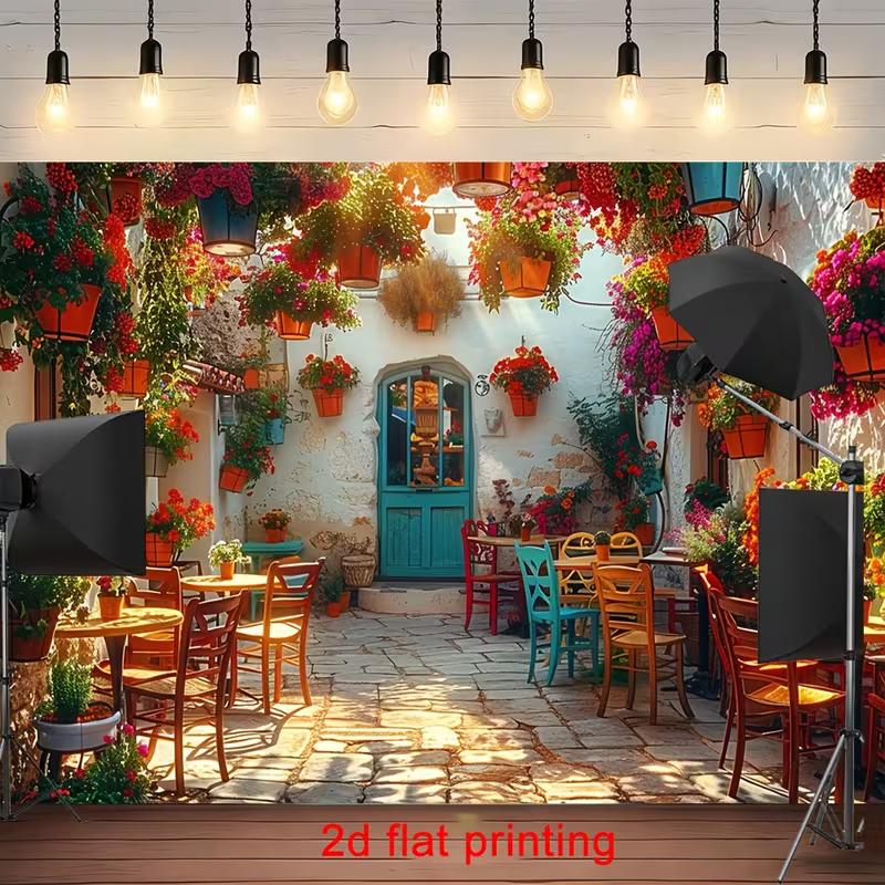 

2D Sunlit Floral Courtyard Wall Tapestry, Mediterranean Town Cafe Backdrop for Living Room 47.2x31.5inch/120*80cm
