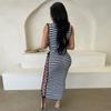 Sexy Striped Sleeveless Mesh Dress Slim Fit Deep V Neck Party Daily Wear