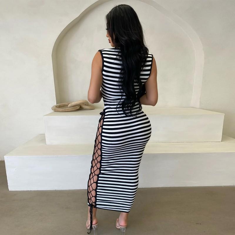 Sexy Striped Sleeveless Mesh Dress Slim Fit Deep V Neck Party Daily Wear