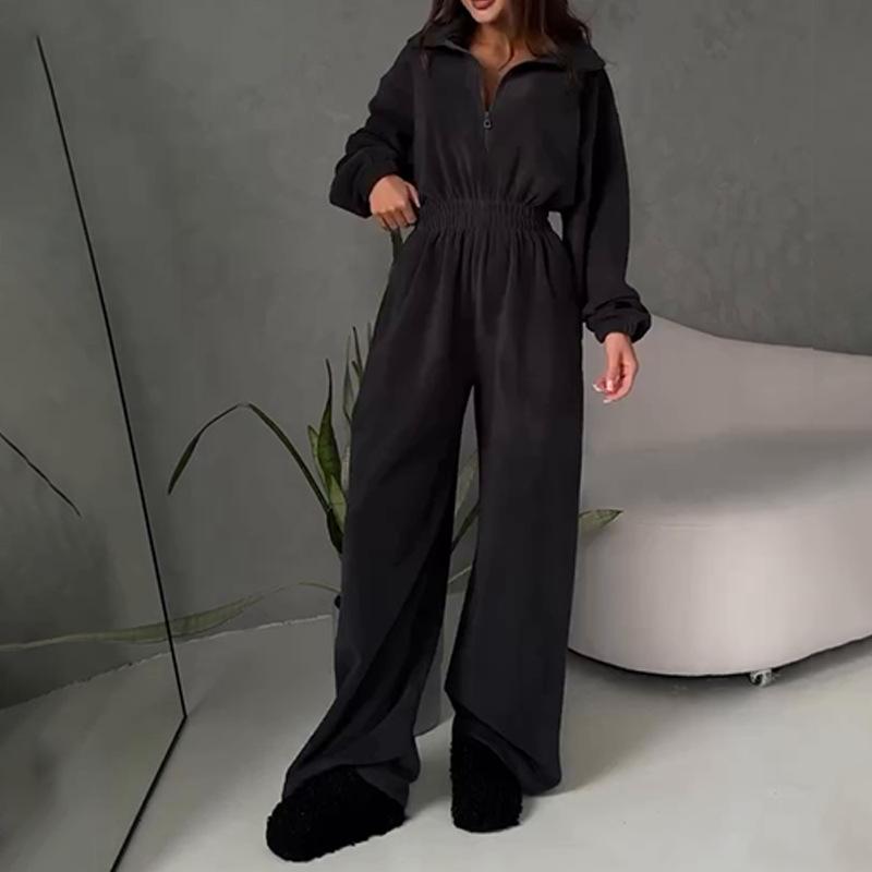European and American autumn and winter women s new fashion long-sleeved jumpsuit women s casual semi-open elastic waist jumpsuit XS чёрный