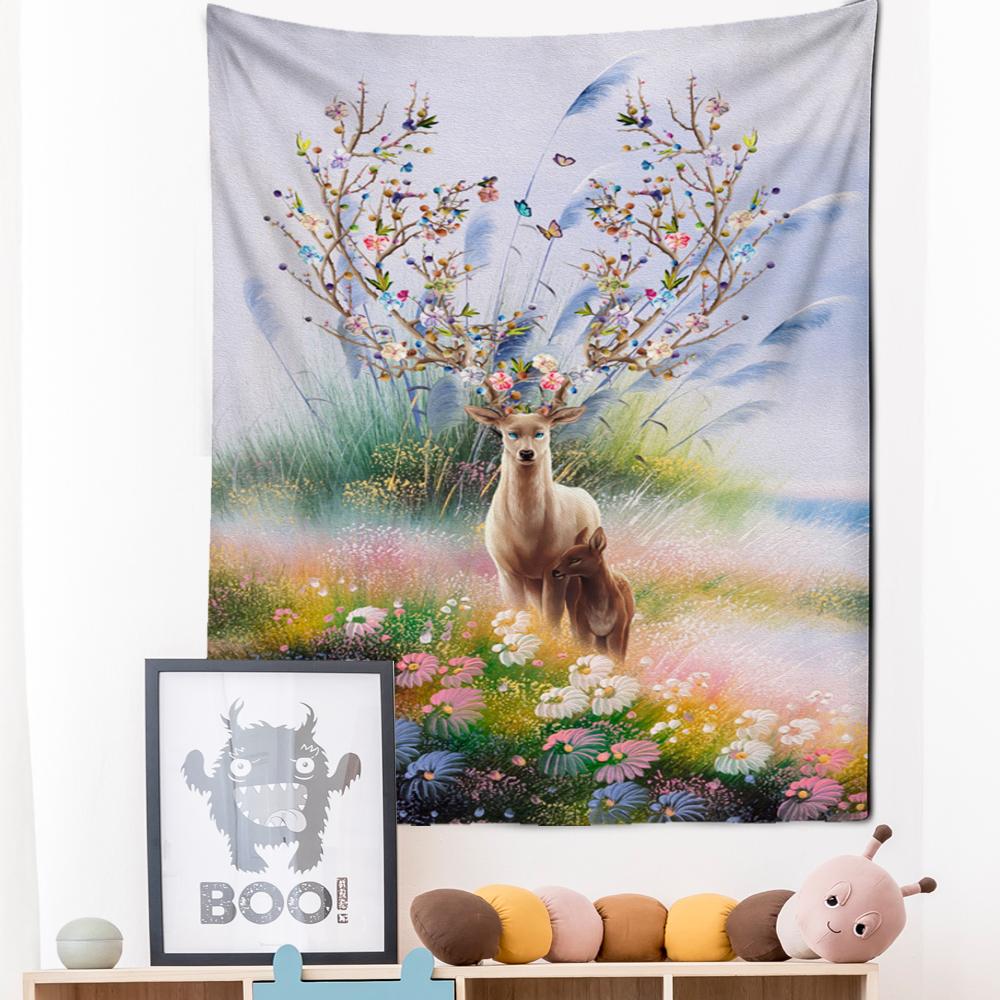 Colorful Cartoon Elk Forest Tapestry Wall Hanging Psychedelic Witchcraft Hippie Nature Scenery Home Decor Background Cloth