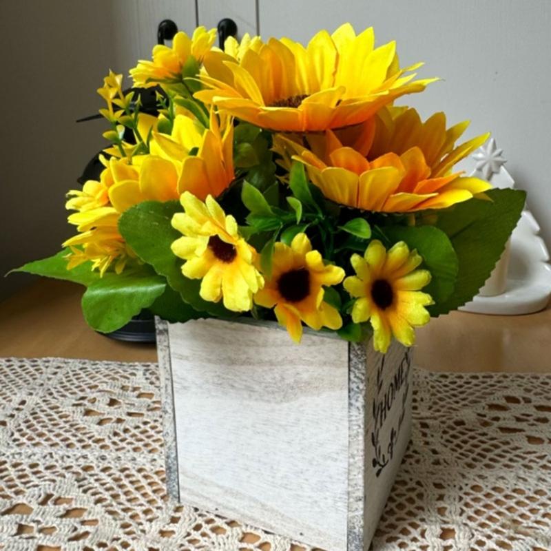 Künstliche Blumensträuße mit Holzpflanzgefäß Künstliche Blumenpflanze in Vase für Terrasse Hochzeitstisch Blumengesteck