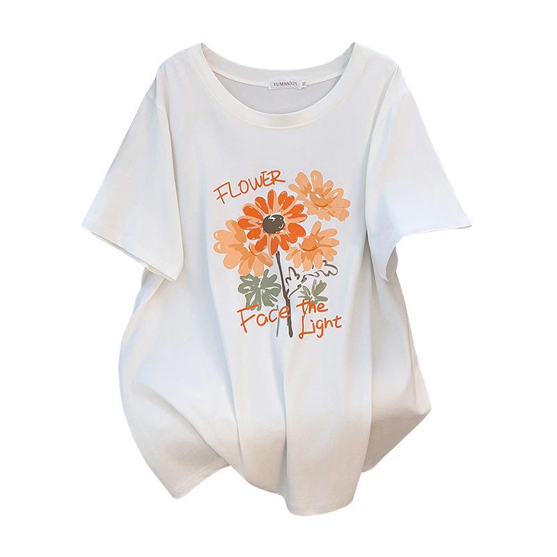Plus Size Loose Fit Mid-Length Round Neck T-Shirt for Women (Short-Sleeve, Slimming, Belly Covering, Available In Sizes 200/300/350 Jin)