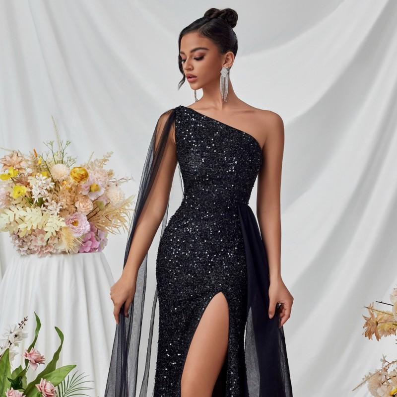 Sequin Mesh Evening Gown High Slit Long Dress Party Stage