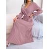 VEZFAA Women's Fashion Summer Spring Solid Color Print Long Sleeve V-Neck High Waist Casual Dresses
