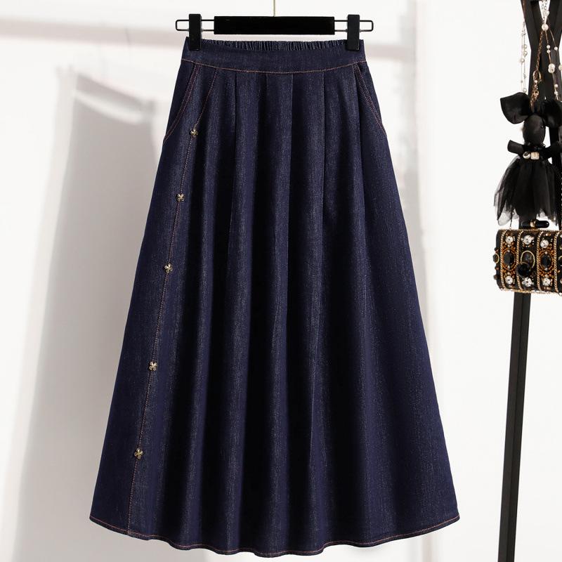 

2026 Spring Plus Size Elastic Waist Denim Skirt - Slimming, Fashionable, Mid-length 5XL темно-синього кольору