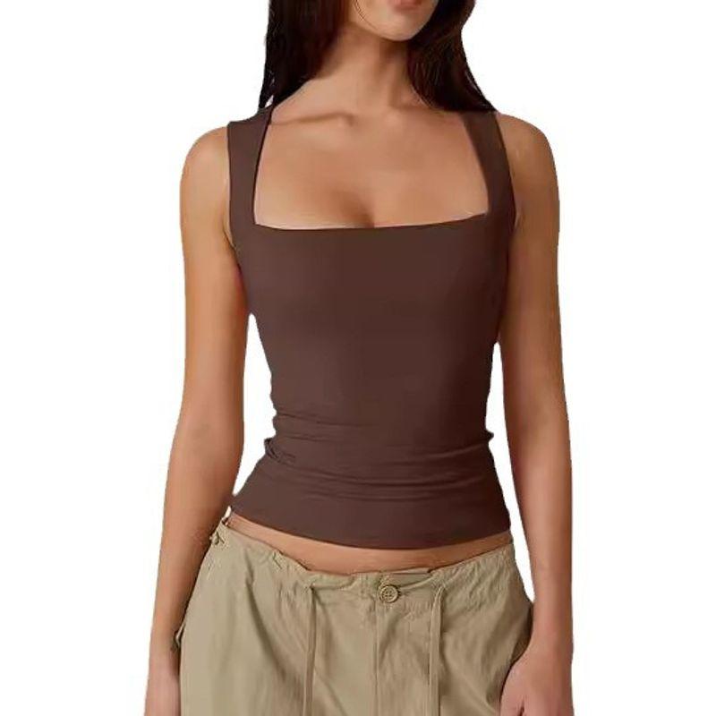 Solid Color Square Neck Sleeveless Top Solid Color Square Collar Slim Fit Sleeveless Top Female
