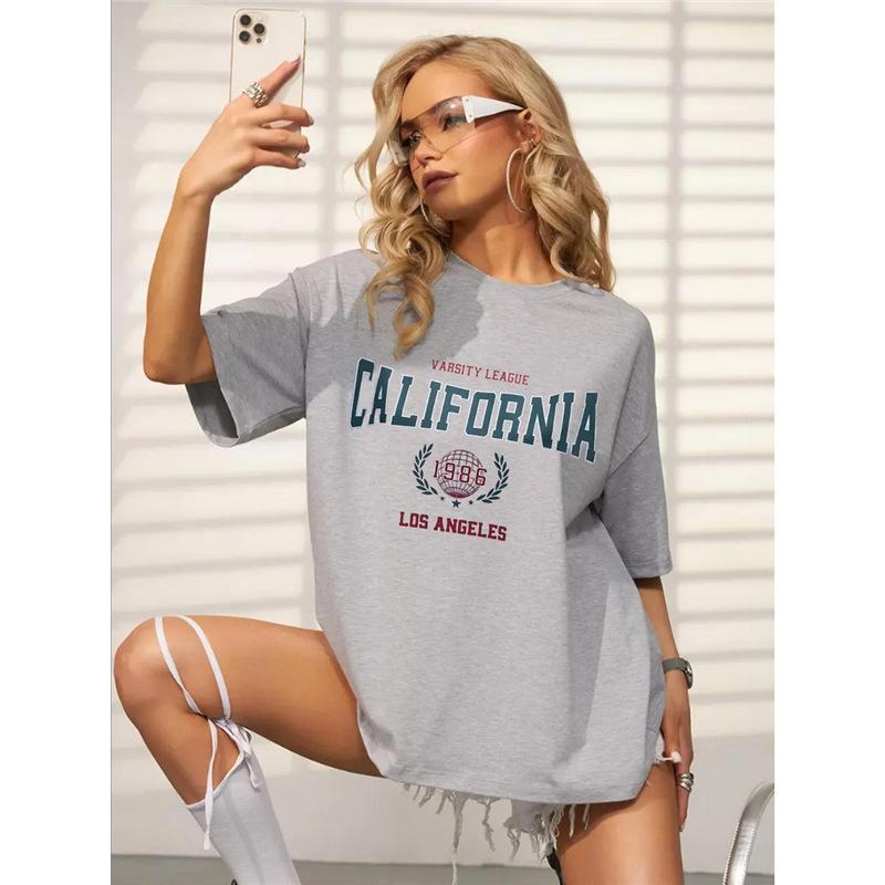 

Европейская и американская летняя футболка с коротким рукавом свободного кроя в стиле кэжуал M светло-серый