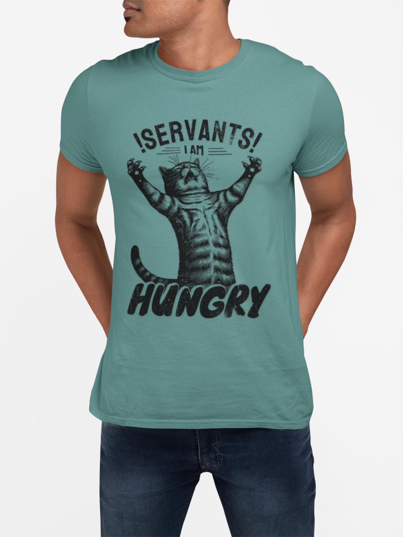Servants I Am Hungry Cat illustration T-Shirt Funny Vintage Cat Tee Gift S