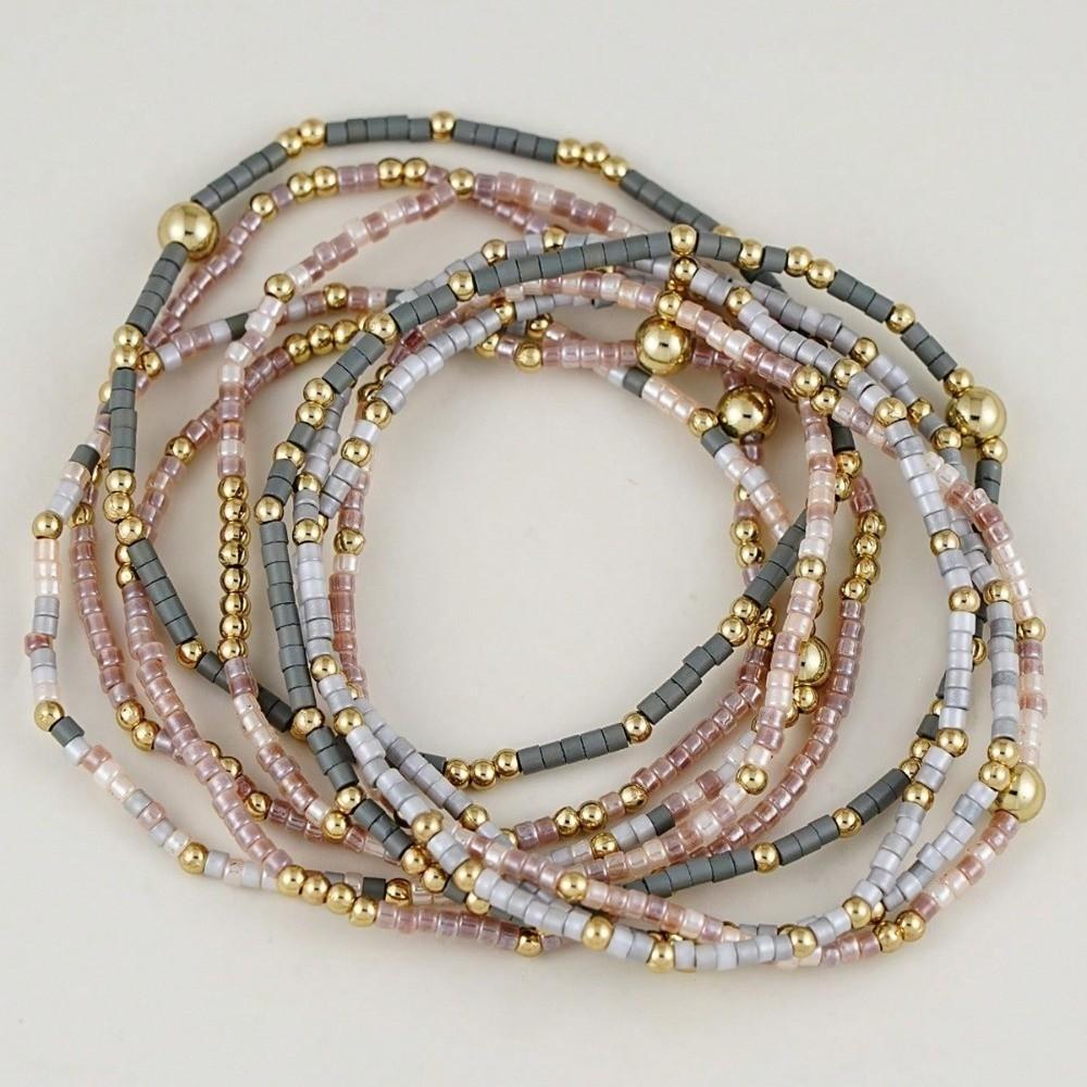 9pcs Set Multi-Layer Handmade Bracelet Set Elastic Bead Bangle Set Women Daily Wear
