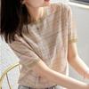 Plaid Short-sleeved Knitted Top Women's Summer New Women's Clothing Temperament Lady Slim Slim Slim Age Reduction T-shirt