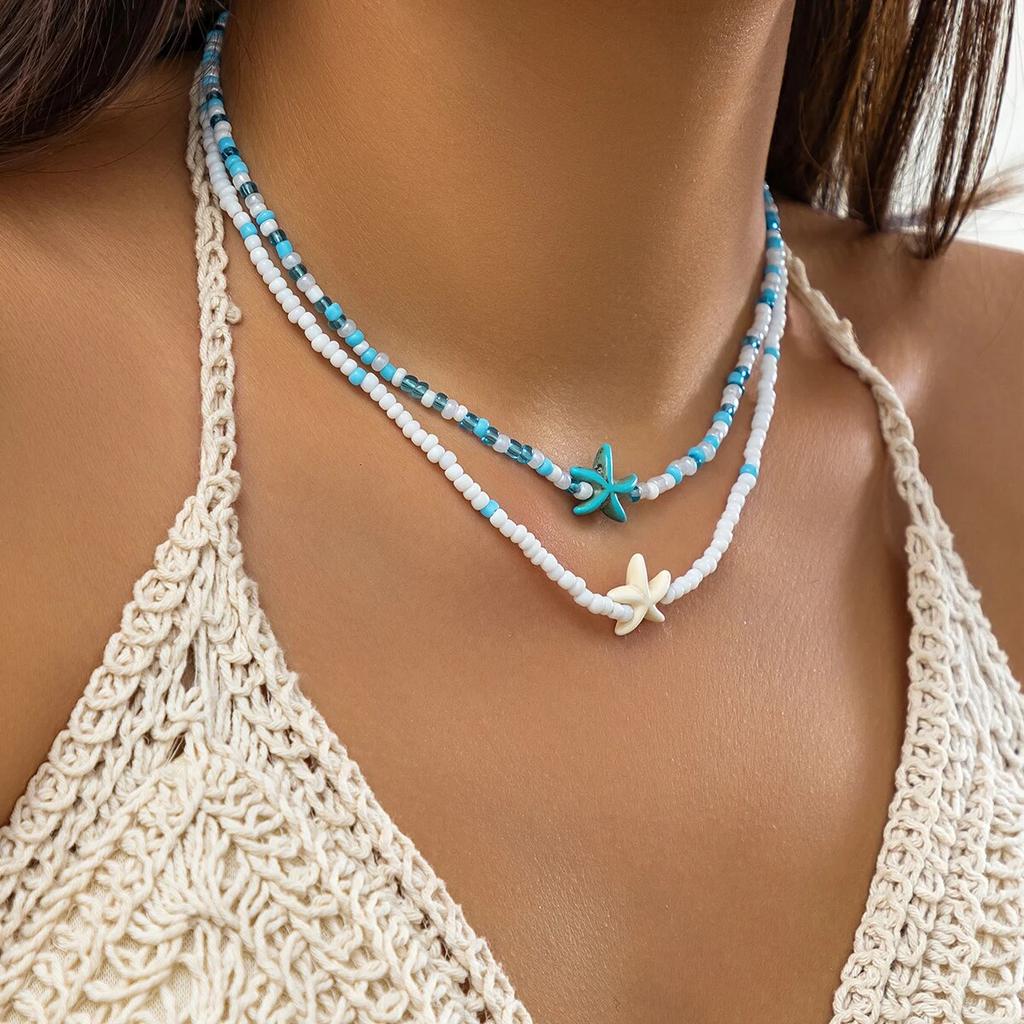 KunJoe Bohemian Mixed Color Rice Beads Starfish Pendant Necklace Set for Women Men Fashion Beach Choker Clavicle Chain Jewelry