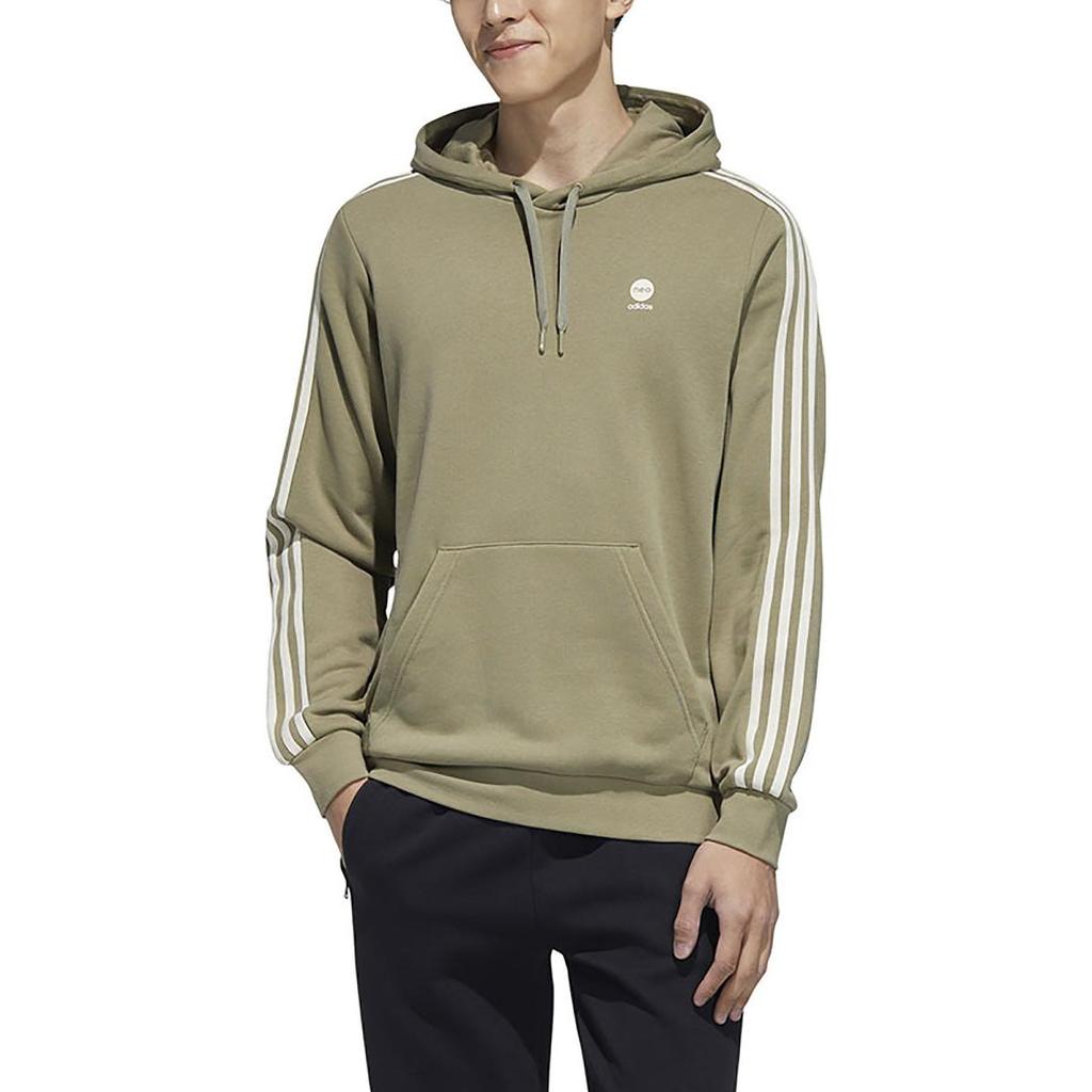 adidas Neo Kangaroo Pocket Badge Striped Drawstring Hooded Long-sleeved Sweatshirt Men Tops Matcha-Green HD4673