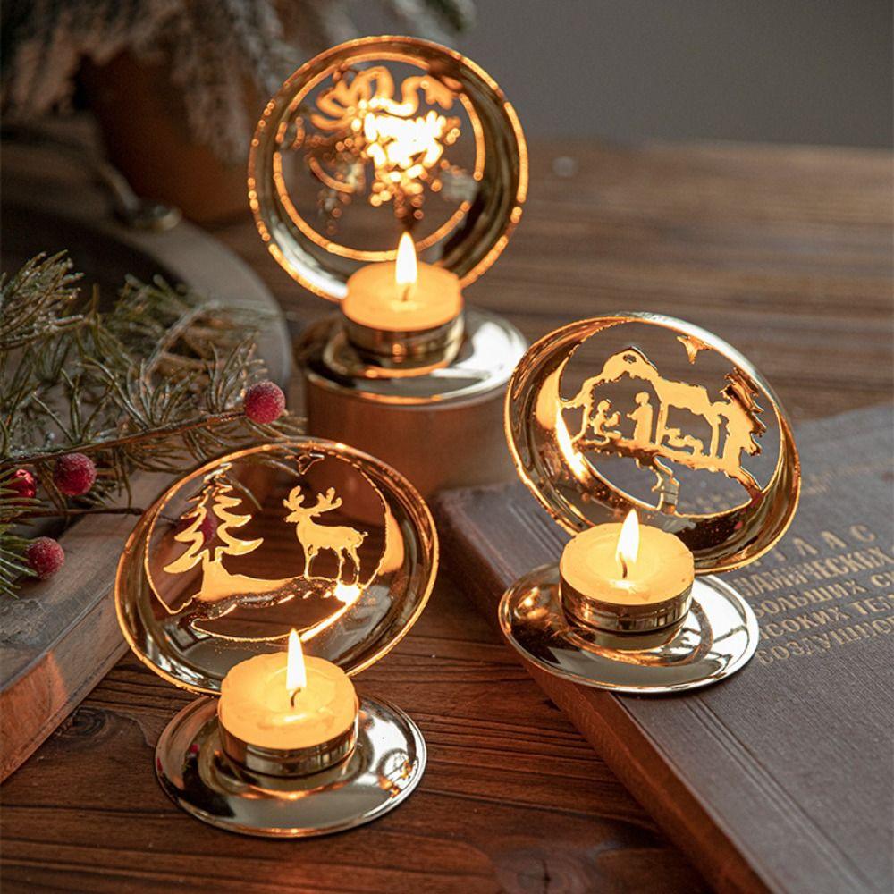 New Golden Christmas Candle Holder Christmas Tree Deer Bell Iron Xmas Candlestick Candle Stand Home Decorations Table Ornament