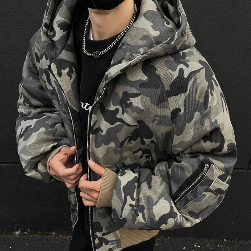 Męska Zimowa Krótka Parka Kurtka z Kapturem ze Sztucznego Futra Grubo Pikowana Jednolita Retro Estetyka Codzienna Uliczna Zimowa Kurtka