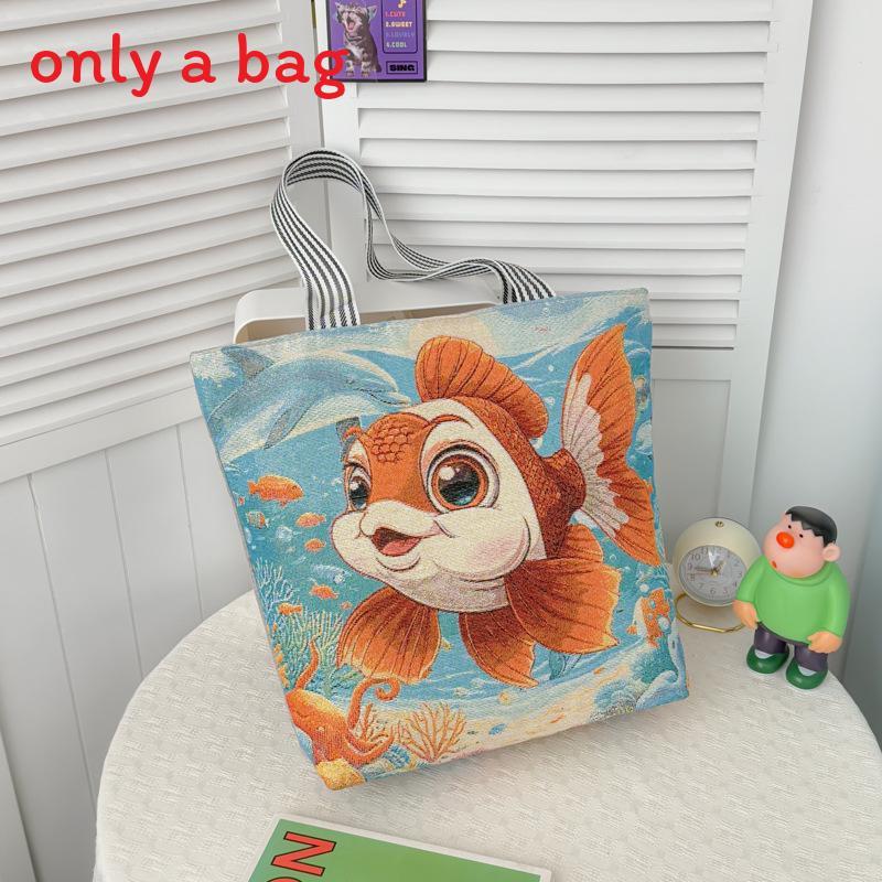 Cartoon Canvas Tote Bag Large Capacity Embroidered Floral For Casual Travel