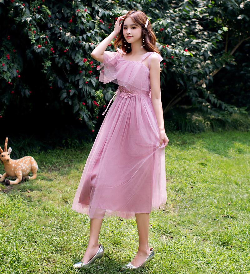 2025 New Off-the-Shoulder Bridesmaid Dress: Mid-Length, Slimming, with Fairy Charm for Special Occasions.