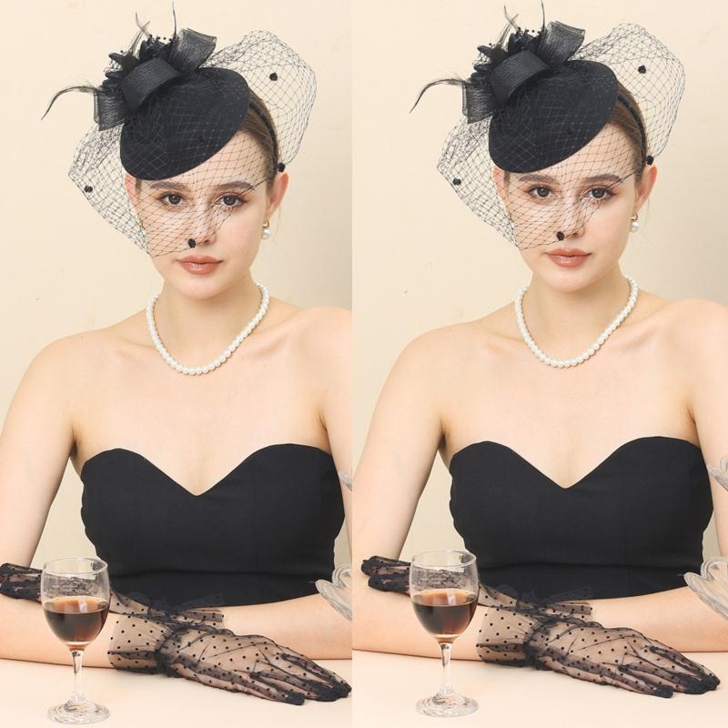 Vintage Style Handmade Large Veil Women Feather Hair Fascinator Hat Wedding Mesh Short Gloves for Bridal Accessories