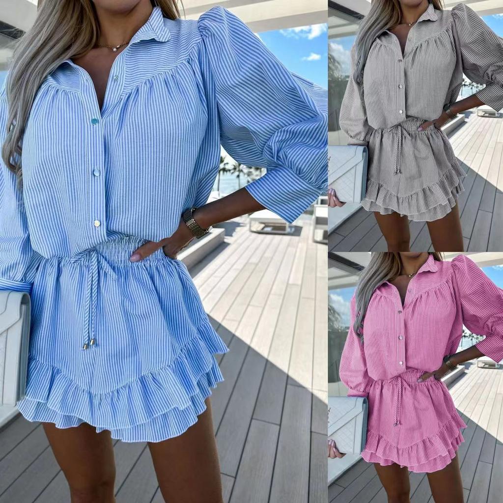 Summer Women Striped Sets Dress Casual Shirts Short Skirt Sets 2 Pieces Fashion Holiday Female Outfits