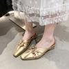 2025 New Small Square Head Hollow Wrinkled Medium Thick Heel Bag Head Half Slippers Women's Flat Bottom Metal Buckle Casual Cool Slippers