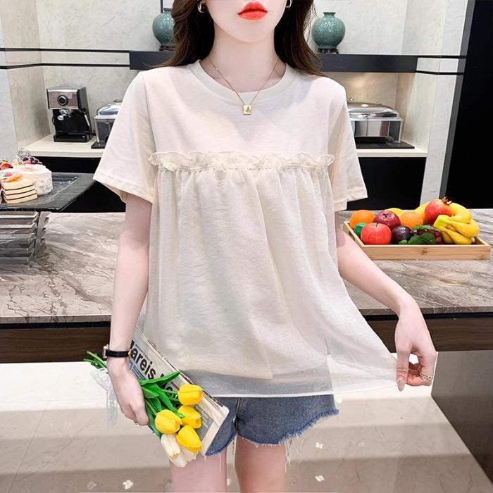 Summer Women s French Round Neck Mushroom Edge Shirt Summer Mesh Splicing Bottom Shirt Top S абрикосовый