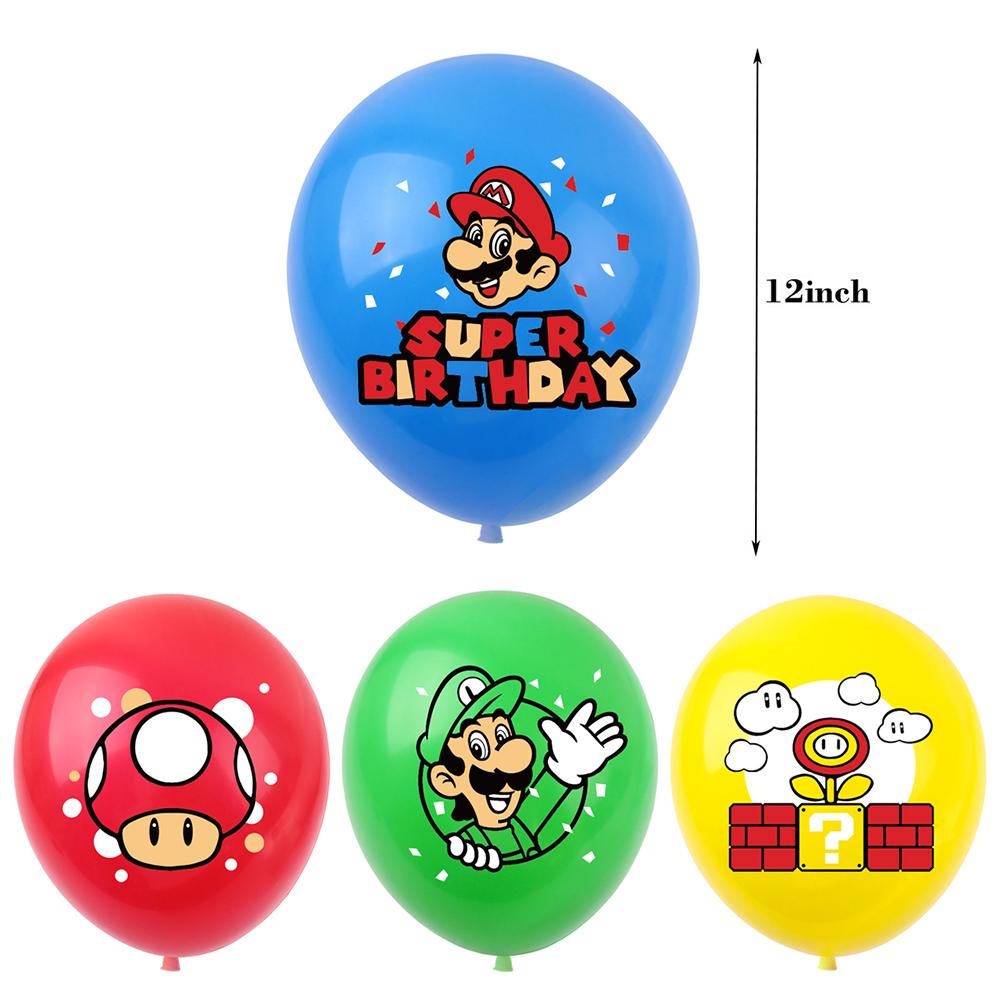 1 x mehrfarbige Happy Birthday-Girlande im Mario-Design mit Cupcake-Toppern und Luftballons