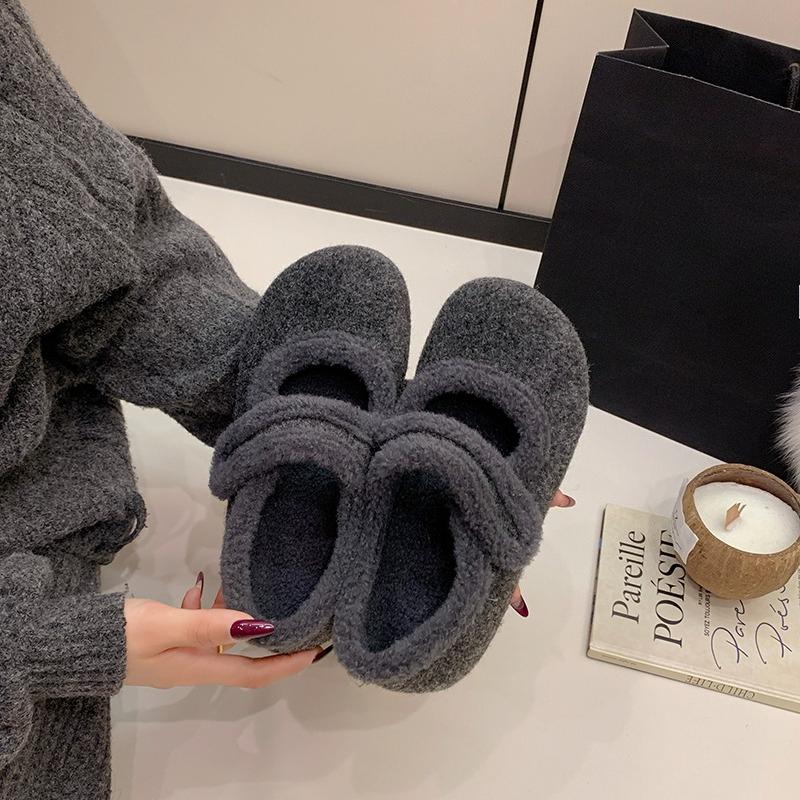 Autumn Winter Warm Cotton Grey Women Flats Comfort Round Toe Soft Sole Shoes Outdoor Short Plush Mary Jane Shoes