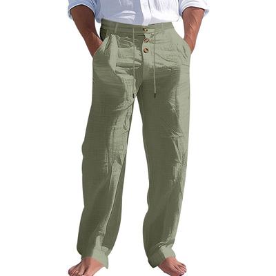 Men's Cotton and Linen Pants Button Decorative Drawstring Summer Beach Pants Straight Solid Color Breathable Trousers