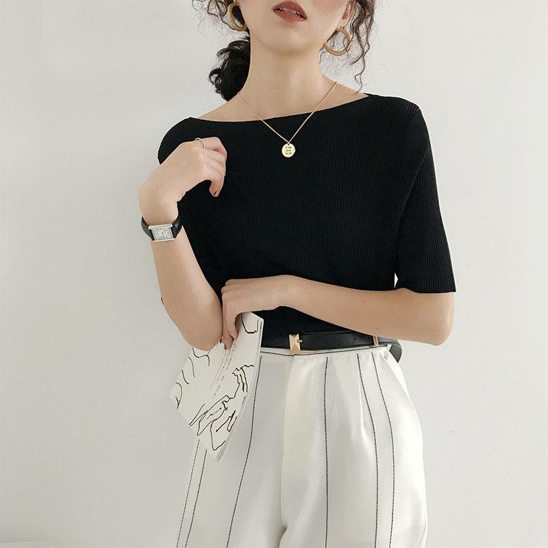 

Вязаный топ из ледяного шелка, летняя женская модная футболка с вырезом и короткими рукавами, свободные корейские топы с открытыми плечами Y2k XXL чёрный