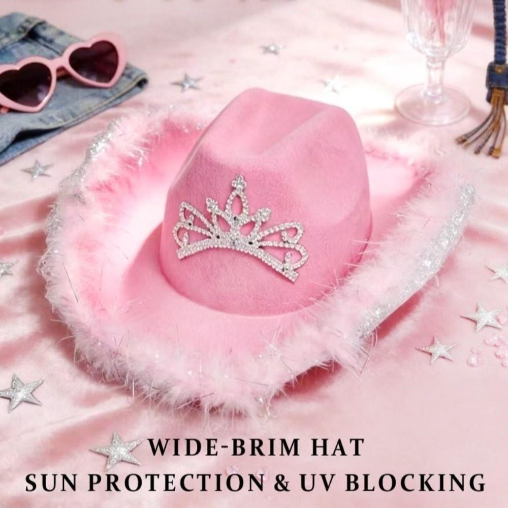 Wide Curved Brim Rhinestone Tiara Cowgirl Hat Western Style Soft Felt Sparkly Western Cowboy Cap Breathable Adjustable