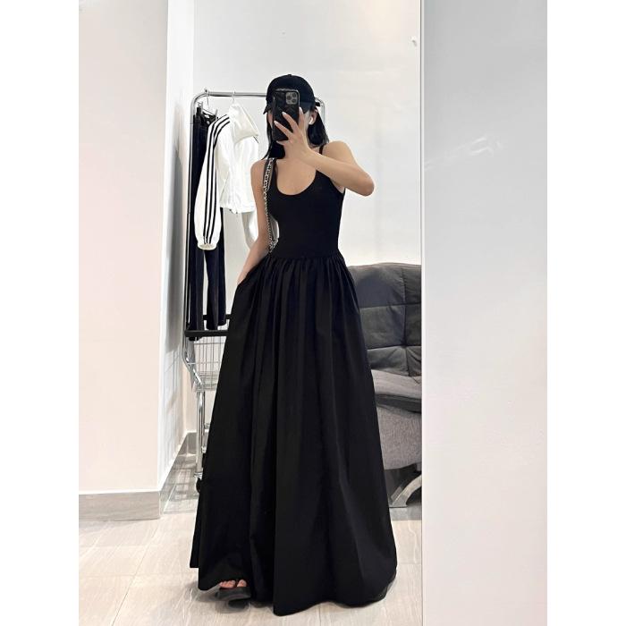 French retro black dress waist and thin Thailand travel wear Sanya seaside vacation beach dress long dress S