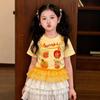 Girls Summer Cute Print Fake Two Piece Mesh Short Sleeve T Shirt