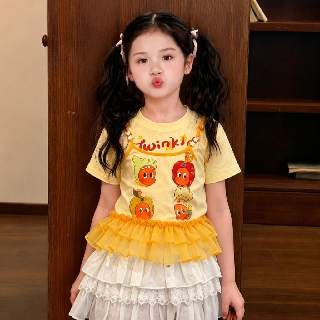 Girls Summer Cute Print Fake Two Piece Mesh Short Sleeve T Shirt