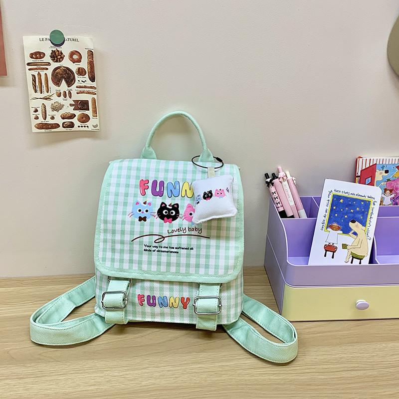 Plaid Cat Cute Print Backpack With Animal Illustration School Bag For Girls