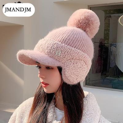 Hat Women's Autumn and Winter Ear Protection Warm Baseball Hairball Cap Women's Thickened Plush Duck Tongue Knitted Wool Hat Winter