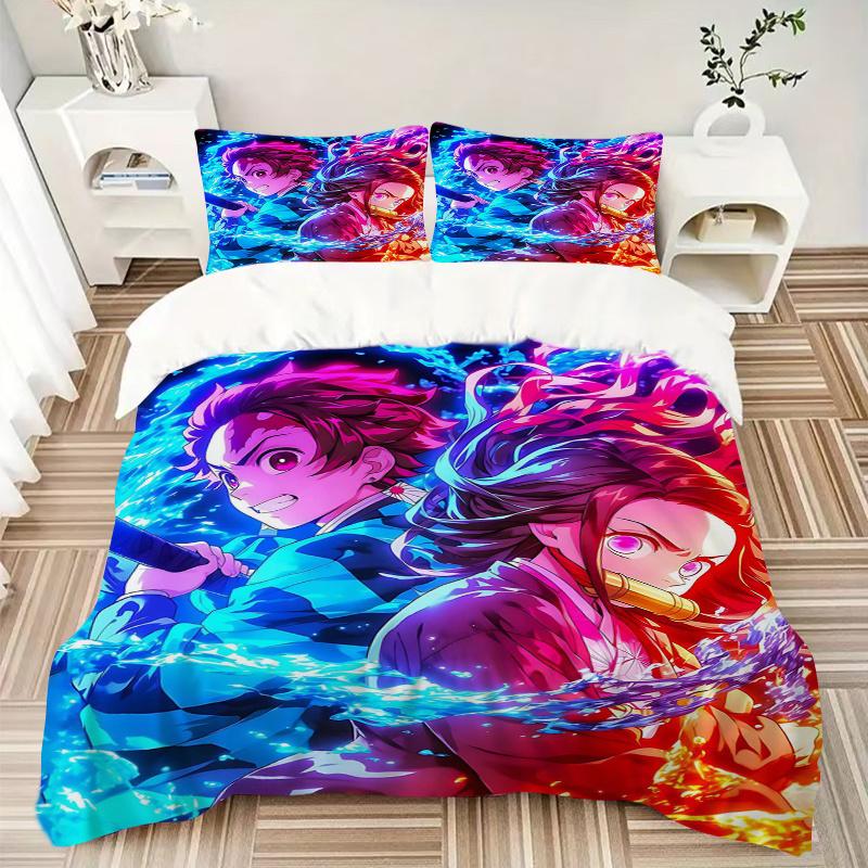 3pcs Two Heroes Clash Demon Slayer Printed Duvet Cover Set (1 * Cover+2 * Pillowcase, Without Core), Suitable for Home Bedroom, Guest Room, Dormi