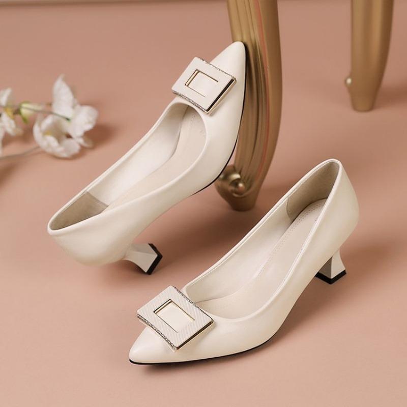 Summer new thick heel women's shoes versatile black pointed comfortable soft leather professional single shoes women's high heel Doudou shoes