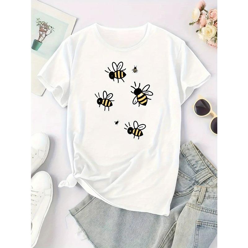 Bee Print T-Shirt - Soft Breathable Quick-Dry Short Sleeve Top with Beehive & Bee, Casual Round Neck Blouse for Outdoor Summer Wear,