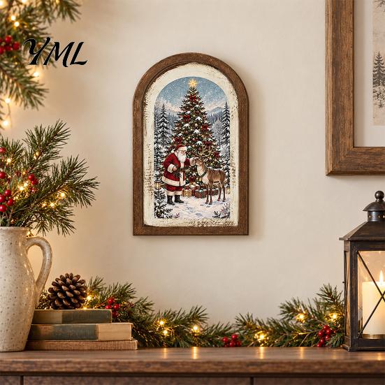 Arte Decorativa da Parete Cornice Portafoto in Legno Arcuata Vintage con Illustrazione Natalizia, Invecchiata Retrò per Decorazione Desktop e Camino,