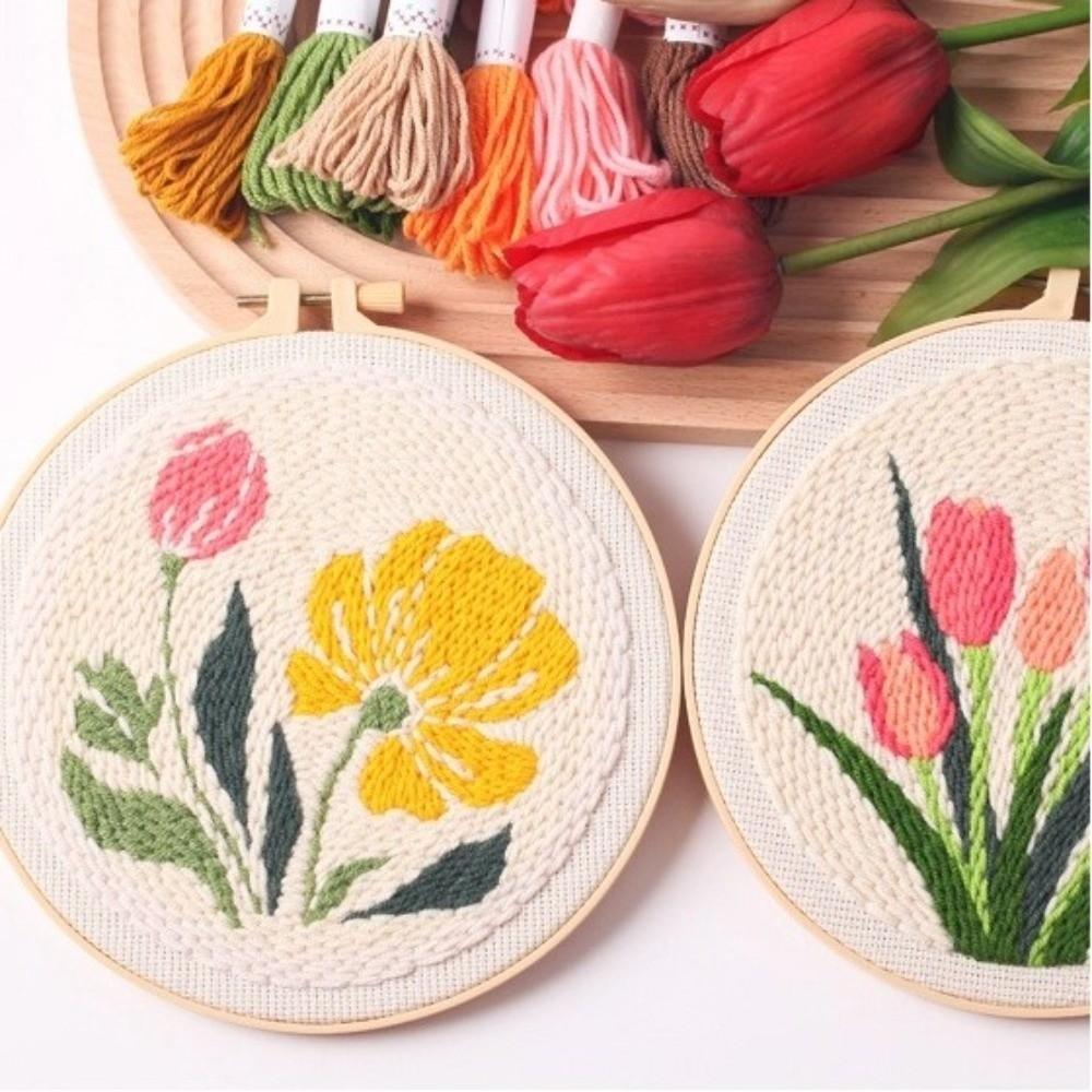 Stamped Cloth Tulip Sunflower Punch Needle Kit Yarn Thread DIY Embroidery Kit