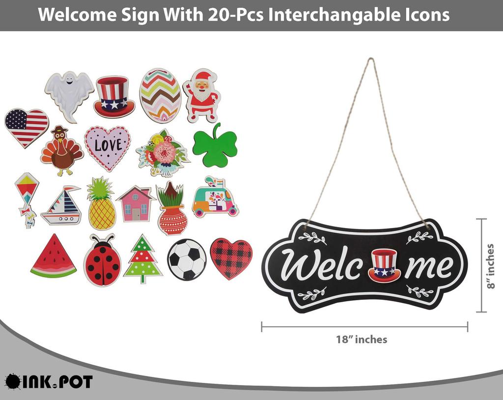 Inkdotpot Welcome Sign Front Door Decorations Hanging Rustic Wood Seasonal Holiday Ornaments Housewarming GiftWall Hanging 18" Inches